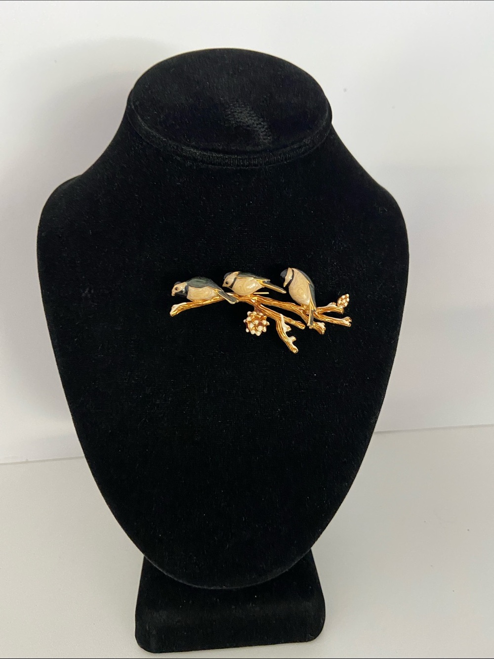 Vintage Signed SI Enamel Birds on Branch Brooch Gold Tone Nature Pin